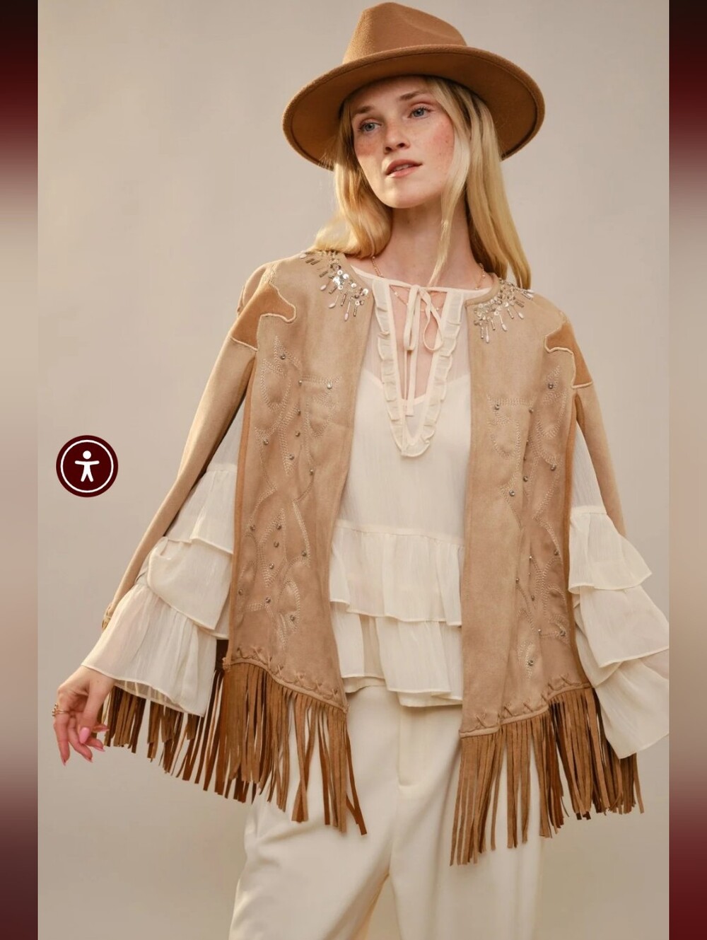 Blue B Collection The Western Fringe Cape Jacket in Sand- L
